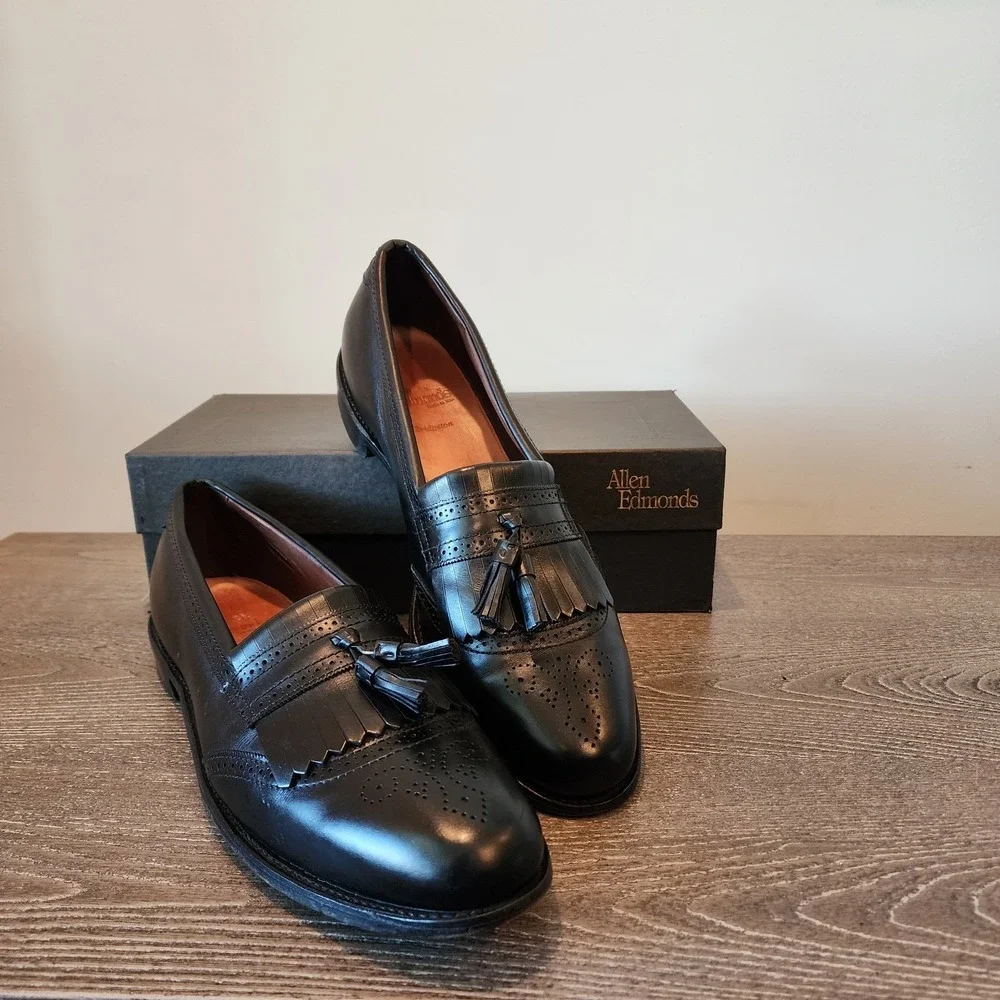 Allen Edmonds Bridgeton Black Wingtip Tassel Loafers 14 Narrow AAA & Shoe Trees